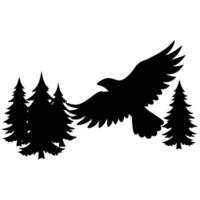 A black silhouette of a bird flying over a forest vector