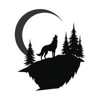 The wolf is standing on a hill with trees and the moon in the background vector