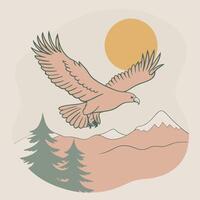 An illustration of an eagle flying over a mountain range vector