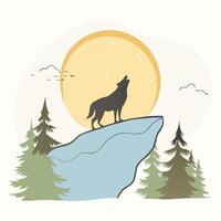 A wolf howling on a cliff with trees in the background vector
