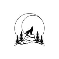 A wolf is standing on a mountain with trees and a moon in the background vector