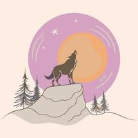 A wolf howling at the moon in the background vector