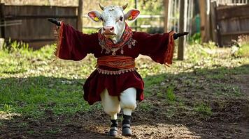 Cow wearing a colorful dress and running on a dirt path. video
