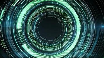 Abstract futuristic neon green digital interface background with concentric circles and glowing particles. video
