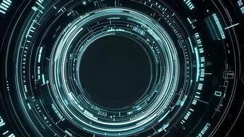 Abstract futuristic blue glowing circle with digital data on a black background. video