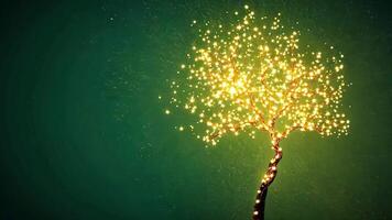 Abstract golden lights in the shape of a tree on a green background. video