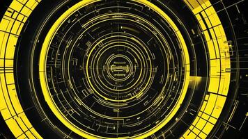 Abstract futuristic yellow digital circuit board with concentric circles on black background. video
