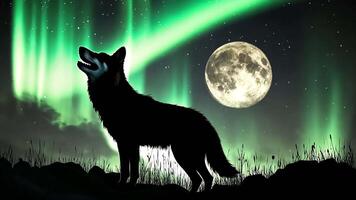 Silhouette of a wolf howling at the moon with a green aurora borealis in the background. video