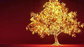 Golden tree with glowing lights on red background. video