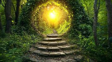 Sunbeams through a leafy archway, illuminating stone steps leading up into a green forest. video