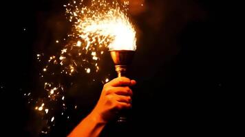 Close-up of a hand holding a flaming torch against a dark background. video