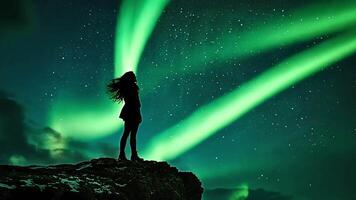 Silhouette of a woman standing on a cliff, gazing at the vibrant green aurora borealis in the night sky. video
