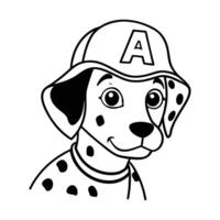 Black and white outline of a Dalmatian wearing a firefighter hat. vector
