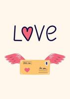 Valentine's Day Card with yellow envelope with pink wings. Simple cute greeting card. illustration. vector