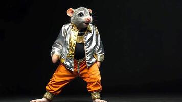 A mouse wearing a silver jacket and orange pants is striking a pose, like a disco dancer or breakdancer. video