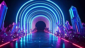 Neon glowing archway with glowing crystals and a wet floor leading through it. video
