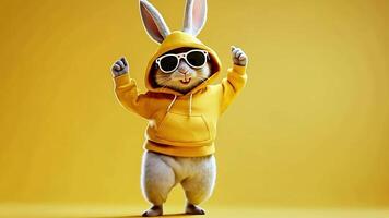 A white rabbit wearing a yellow hoodie and sunglasses poses with a happy expression on a yellow background. video