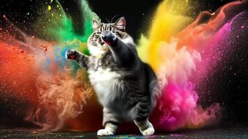 A gray cat with white paws stands in a cloud of colorful powder against a black background. video