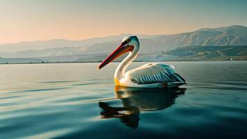 A lone pelican floats serenely on a still lake, mountains in the background. video