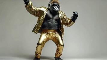 A gorilla wearing a gold jacket and pants is dancing against a white background. video