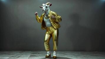 A person wearing a goat mask and gold clothing is striking a pose in front of a grey background. video