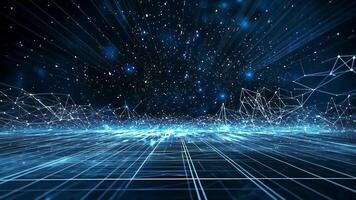 Abstract blue digital network with lines, dots and glowing lights on a black background. video