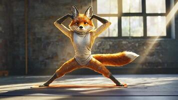 A cute red fox wearing a grey tank top is doing yoga on a brown mat in an industrial space with a large window. video