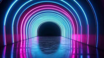 Abstract colorful neon archway with reflection on the floor. video