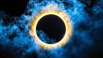 Abstract background with a glowing circle inside of blue smoke against a black backdrop. video