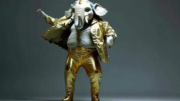 An elephant-headed person wearing gold clothing and a cross necklace, is dancing with arms outstretched in a studio. video