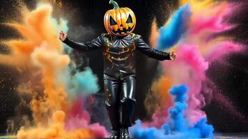 A person dressed in black with a pumpkin head is jumping with colored smoke exploding around them. video