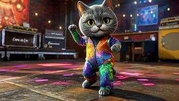 A cute cat dressed in a colorful jumpsuit, standing on a stage with music equipment in the background. video