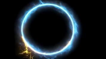 Blue and yellow lightning in a ring shape on black background. video
