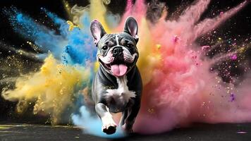 A happy bulldog leaps through a vibrant explosion of colorful powder, its tongue lolling out in pure joy. video