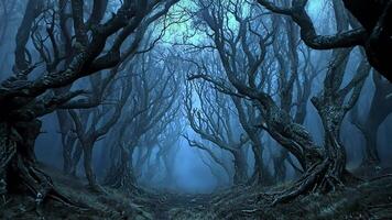 A misty forest path leads through a dense grove of gnarled trees, creating a sense of mystery and intrigue. video
