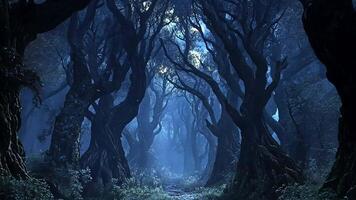 A mysterious forest path at night, with tall trees and a misty glow in the distance. video
