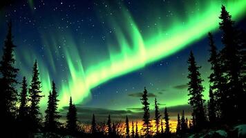 A vibrant green aurora borealis illuminates the night sky, casting a magical glow over a row of silhouetted pine trees. video