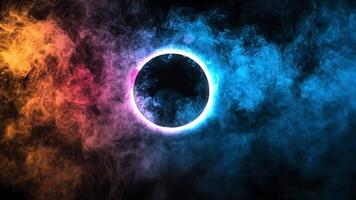 Abstract blue and orange smoke with glowing circle in the middle on a dark background. video