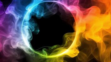 Abstract colorful smoke swirls with a circular opening creating a frame against a black background. video