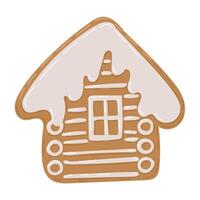 Charming Christmas gingerbread house cookie illustration with white icing details and snowy rooftop, designed in whimsical and festive style vector