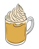 Illustration of pumpkin spice latte in clear mug, topped with swirl of whipped cream, drawn in cozy and modern style vector
