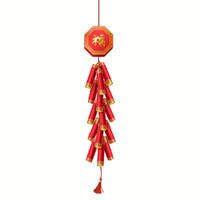 Red Chinese firecrackers for New Year realistic illustration. Traditional oriental holiday small fireworks 3d object on white. Inscription on the badge is Luck vector