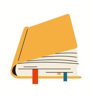 Book with bookmarks and yellow hardcover flat color objects. Learning lesson reading textbook illustration on white background vector