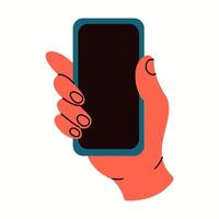 Hand holding smartphone with blank screen flat color illustration. User showing mockup device closeup cartoon icon on white background vector