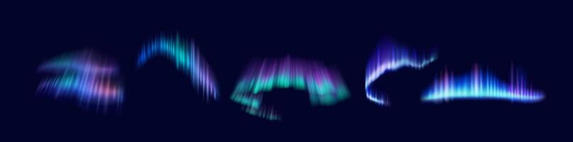 Northern lights stunning patterns realistic color icons set. Night sky illuminated with vibrant hues 3d objects bundle on dark background vector