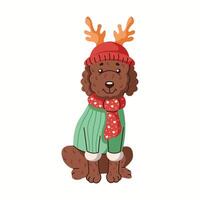 Cute poodle wearing hat with deer antlers and sweater flat color character. Funny dog in Christmas clothes illustration on white vector