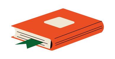 Closed thick book with hardcover and bookmark flat color object. School textbook with blank tag illustration on white background vector