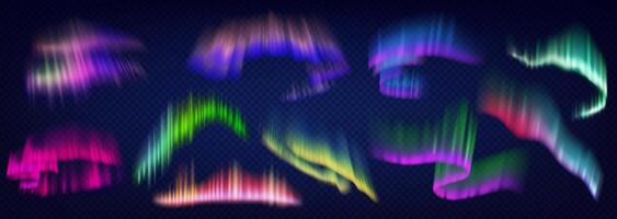 Lifelike aurora borealis casting vibrant colors across night sky realistic color icons set. Enchanting 3d objects bundle on background vector