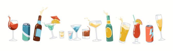 Drinks for party assortment flat color objects set. Glasses bottles and tin cans with beverages illustrations pack on white background vector