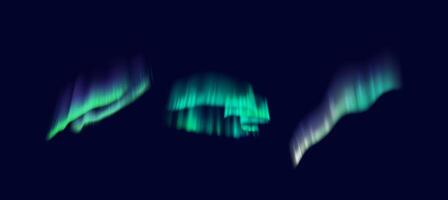 Aurora borealis green patterns in night sky realistic color icons set. Mesmerizing dancing lights 3d objects bundle on dark background vector